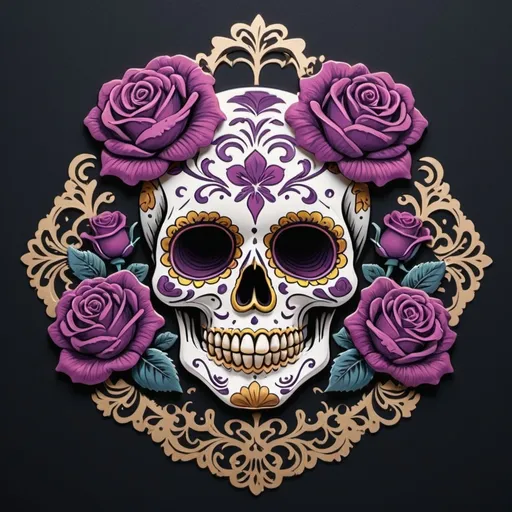 Prompt: Render a stunning, high-contrast sticker design featuring a intricately detailed sugar skull adorned with lush, velvety roses, set against a rich, dark background that gradiently shifts from deep blues to purples, evoking a mysterious, romantic ambiance. The skull's facial structure is delicate, with ornate filigree patterns etched into its forehead, nose, and jawline, while the roses are depicted in various stages of bloom, their petals soft and delicate, with subtle texture and gentle folds. The entire design is framed by a thin, ornate border, reminiscent of antique lace, with subtle hints of gold and copper accents that catch the light. The overall aesthetic is a mesmerizing blend of Gothic romance and whimsical beauty, with bold lines, delicate textures, and a striking color palette that demands attention.