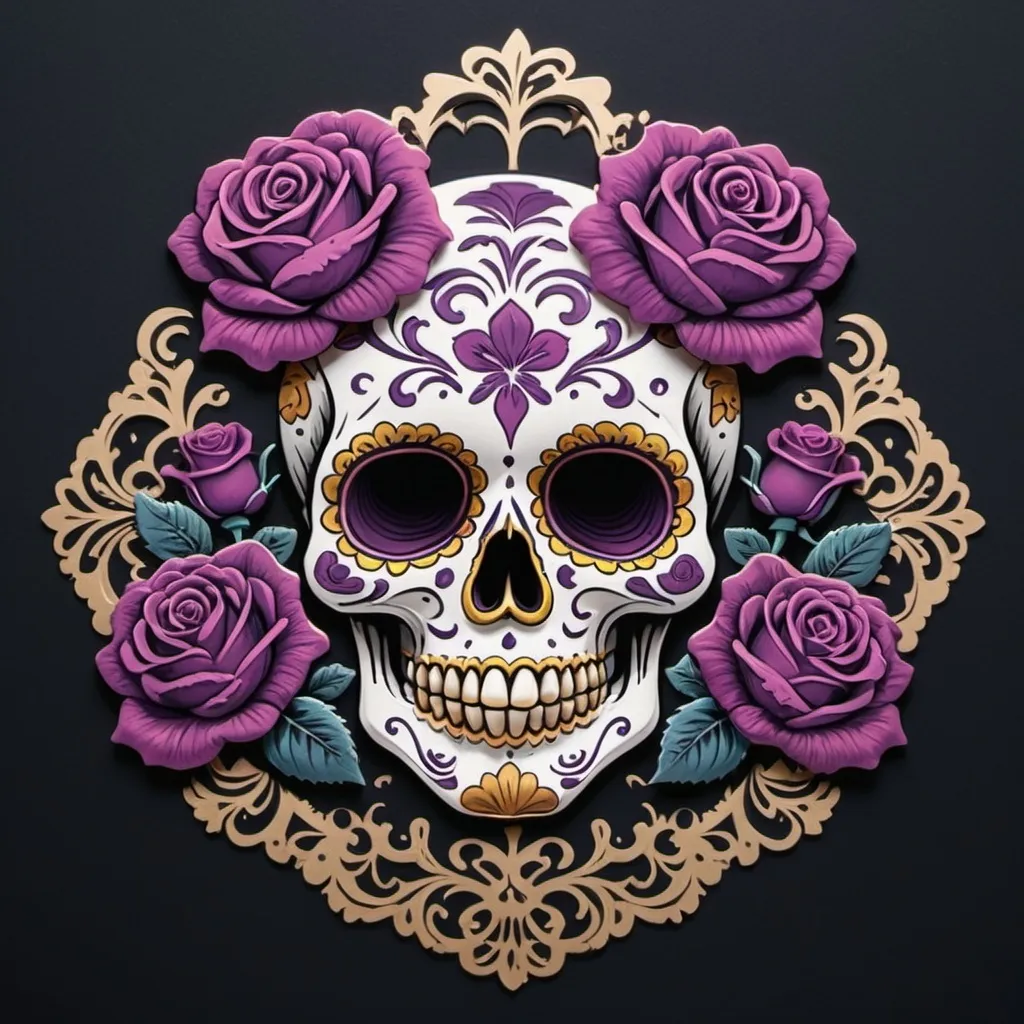 Prompt: Render a stunning, high-contrast sticker design featuring a intricately detailed sugar skull adorned with lush, velvety roses, set against a rich, dark background that gradiently shifts from deep blues to purples, evoking a mysterious, romantic ambiance. The skull's facial structure is delicate, with ornate filigree patterns etched into its forehead, nose, and jawline, while the roses are depicted in various stages of bloom, their petals soft and delicate, with subtle texture and gentle folds. The entire design is framed by a thin, ornate border, reminiscent of antique lace, with subtle hints of gold and copper accents that catch the light. The overall aesthetic is a mesmerizing blend of Gothic romance and whimsical beauty, with bold lines, delicate textures, and a striking color palette that demands attention.