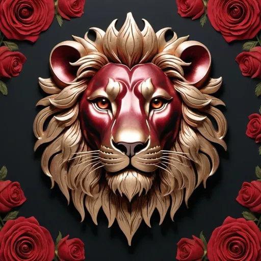 Prompt: "Create a captivating, high-contrast sticker design featuring an intricately detailed stencil design of a lion's head adorned with lush, velvety roses, set against a rich, dark background that gradiently shifts from deep reds to deep maroons, evoking a mysterious, passionate ambiance. The lion's facial structure is powerful and majestic, with ornate filigree patterns etched into its mane, forehead, and jawline, while the roses are depicted in various stages of bloom, their petals soft and delicate, with subtle texture and gentle folds. The entire design is framed by a thin, ornate border, reminiscent of antique lace, with subtle hints of gold and copper accents that catch the light. The overall aesthetic is a mesmerizing blend of Gothic romance and fiery elegance, with bold lines, delicate textures, and a striking red color palette that demands attention."