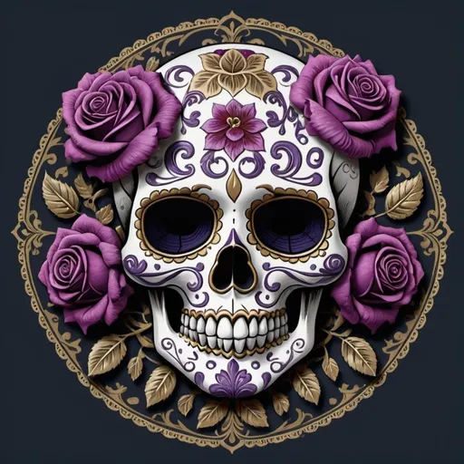 Prompt: Render a stunning, high-contrast sticker design featuring a intricately detailed sugar skull adorned with lush, velvety roses, set against a rich, dark background that gradiently shifts from deep blues to purples, evoking a mysterious, romantic ambiance. The skull's facial structure is delicate, with ornate filigree patterns etched into its forehead, nose, and jawline, while the roses are depicted in various stages of bloom, their petals soft and delicate, with subtle texture and gentle folds. The entire design is framed by a thin, ornate border, reminiscent of antique lace, with subtle hints of gold and copper accents that catch the light. The overall aesthetic is a mesmerizing blend of Gothic romance and whimsical beauty, with bold lines, delicate textures, and a striking color palette that demands attention.