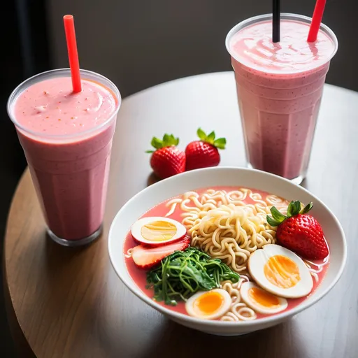 Prompt: ramen and a strawberry smoothie