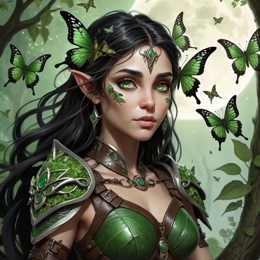 Prompt: Moon elf druid with greenish skin and emerald green eyes, tangled black hair with asymetrical nesting butterflies, green and brown leather armor, small critters gathering around her feet, highres, detailed, fantasy, ethereal, magical lighting, detailed eyes, mystical, enchanting atmosphere