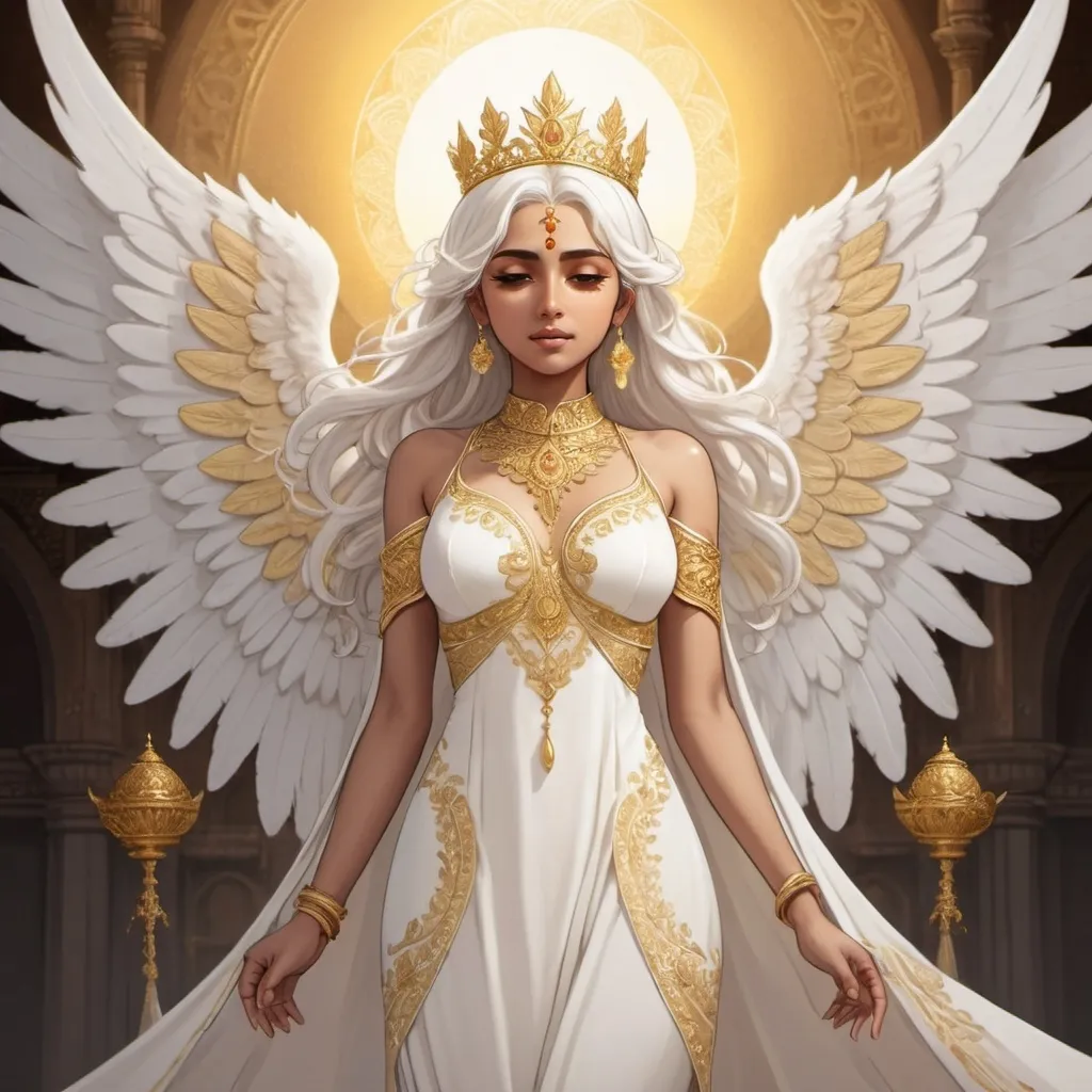 Prompt: 2D anime style, beautiful light skinned Hindi woman with white gold hair, four angel white wings on her back, wearing a golden sun spire crown and long flowing white dress with gold embroidery 