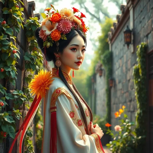 Prompt: (realism style), warm color scheme, (beautiful Chinese woman), standing gracefully beside (ancient city walls), covered in lush green vines, adorned with an eye-catching (wreath of fresh flowers), vibrant floral headpiece, intricate embroidery, (Tang Dynasty outfit), natural light, soft shadows, serene atmosphere, (highly detailed), (4K), enchanting scene, harmonious blend of nature and history.