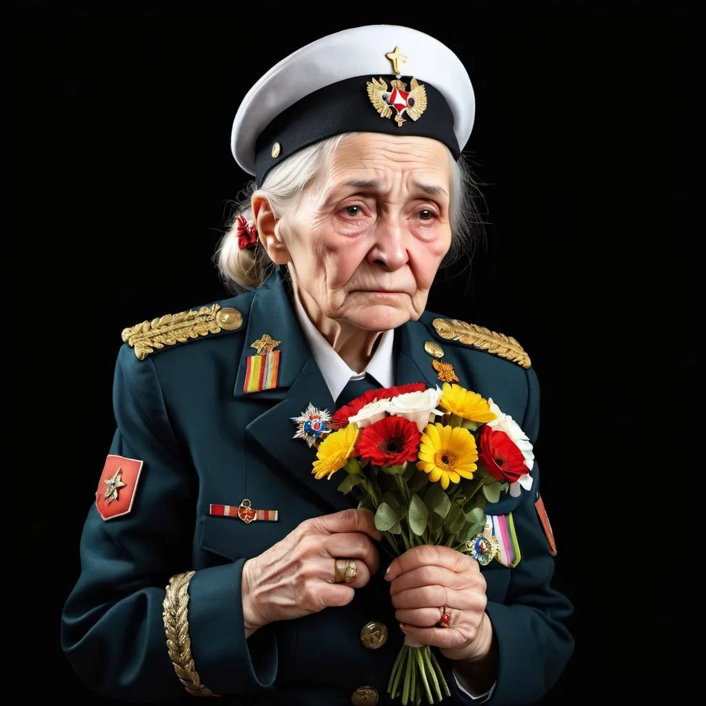 Prompt: Photorealistic full view of old Russian old woman veteran, sad or crying, wearing military uniform with many medals, holding flowers with one hand and hand to cover half of face with other hand young, isolated on solid background, black background, realistic, full body
