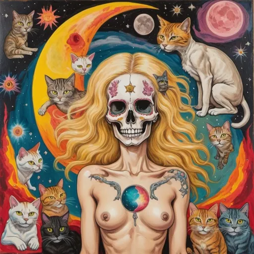 Prompt: blonde good-heared woman body wearing a skull and the moon with cats in space, colourful, oil painting