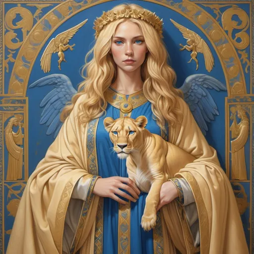 Prompt: Antrho lioness with blonde hair, and blue eyes, wearing an Angel-style robe with blue as the primary color, and gold as the secondary color that is used for the trimming and details, especially near the seams where the robe opens. There are hyperopic markings in the gold field.