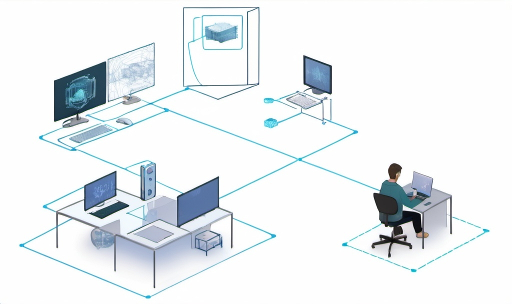 Prompt: a diagram of a computer and a monitor connected to a network of devices and devices with a person sitting at a desk, Ben Thompson, holography, isometric view, a wireframe diagram