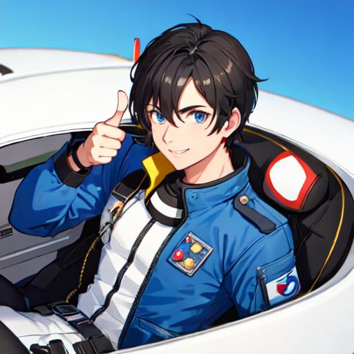 Prompt: A male pilot giving a thumbs up