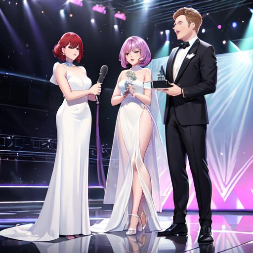 Prompt: A male and female game show hosts announce the winner. The male is wearing a white suit and the woman is wearing a long purple dress. 