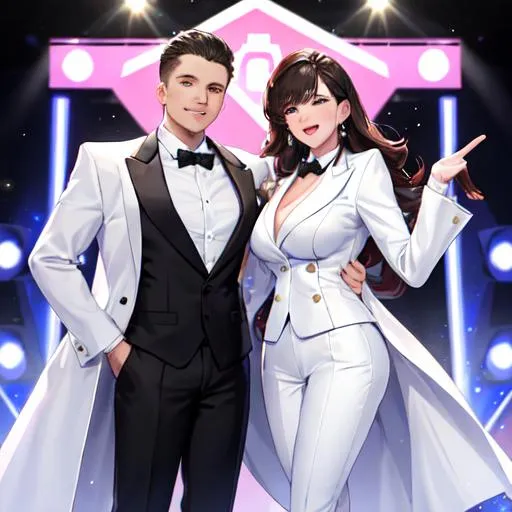 Prompt: A male and female game show hosts announce the winner. The male is wearing a white suit and the woman is wearing a black suit