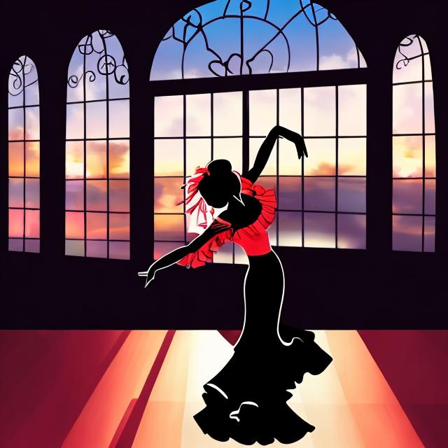 Prompt: A flamenco dancer dancing in a restaurant wearing a black dress. Anime artwork. A sunset in the window. 