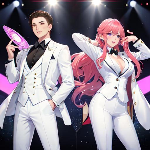 Prompt: A male and female game show hosts announce the winner. The male is wearing a white suit and the woman is wearing a black suit