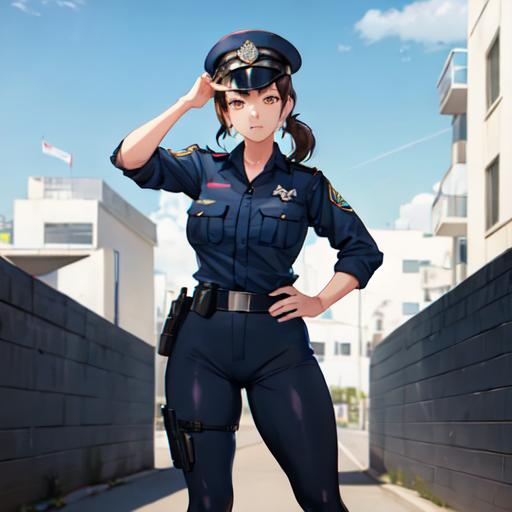 Prompt: A female police officer posing for a recruitment poster