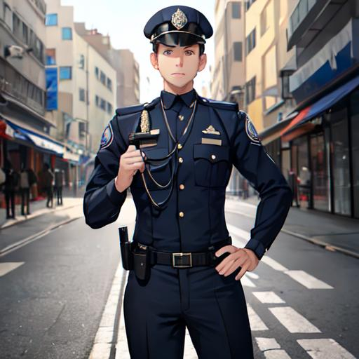 Prompt: A male police officer posing for a photo 