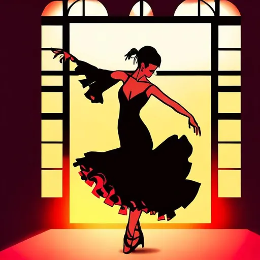 Prompt: A flamenco dancer dancing in a restaurant wearing a black dress. Anime artwork. A sunset in the window. 