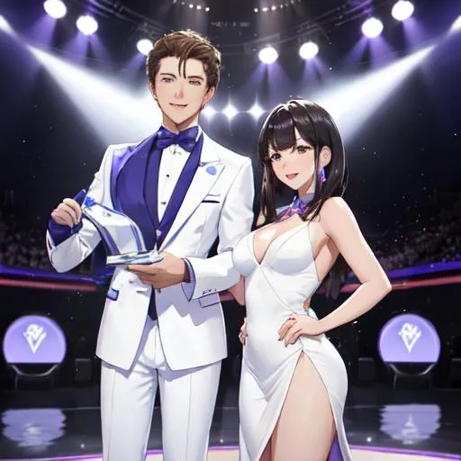 Prompt: A male and female game show hosts announce the winner. The male is wearing a white suit and the woman is wearing a modest purple dress 