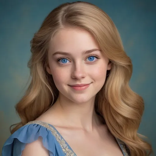 Prompt: Portrait of a young adult girl, fair skin, rosy cheeks, big blue eyes, long blond hair, fancy blue dress, warm smile, high quality, detailed, realistic, elegant style, soft lighting, neutral background, detailed facial features