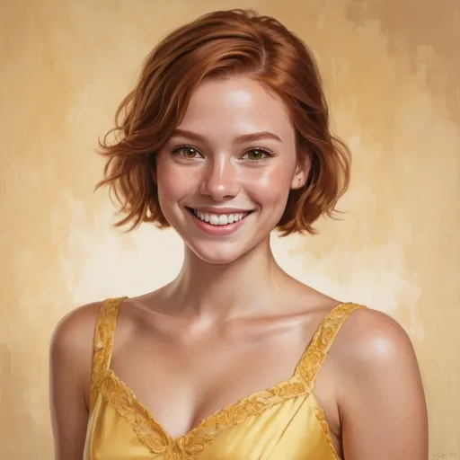 Prompt: Portrait of a young adult girl, tanned skin, rosy cheeks, brown almost yellow eyes, short ginger hair, fancy yellow dress, big smile, high quality, detailed, realistic, elegant style, soft lighting, neutral background, detailed facial features