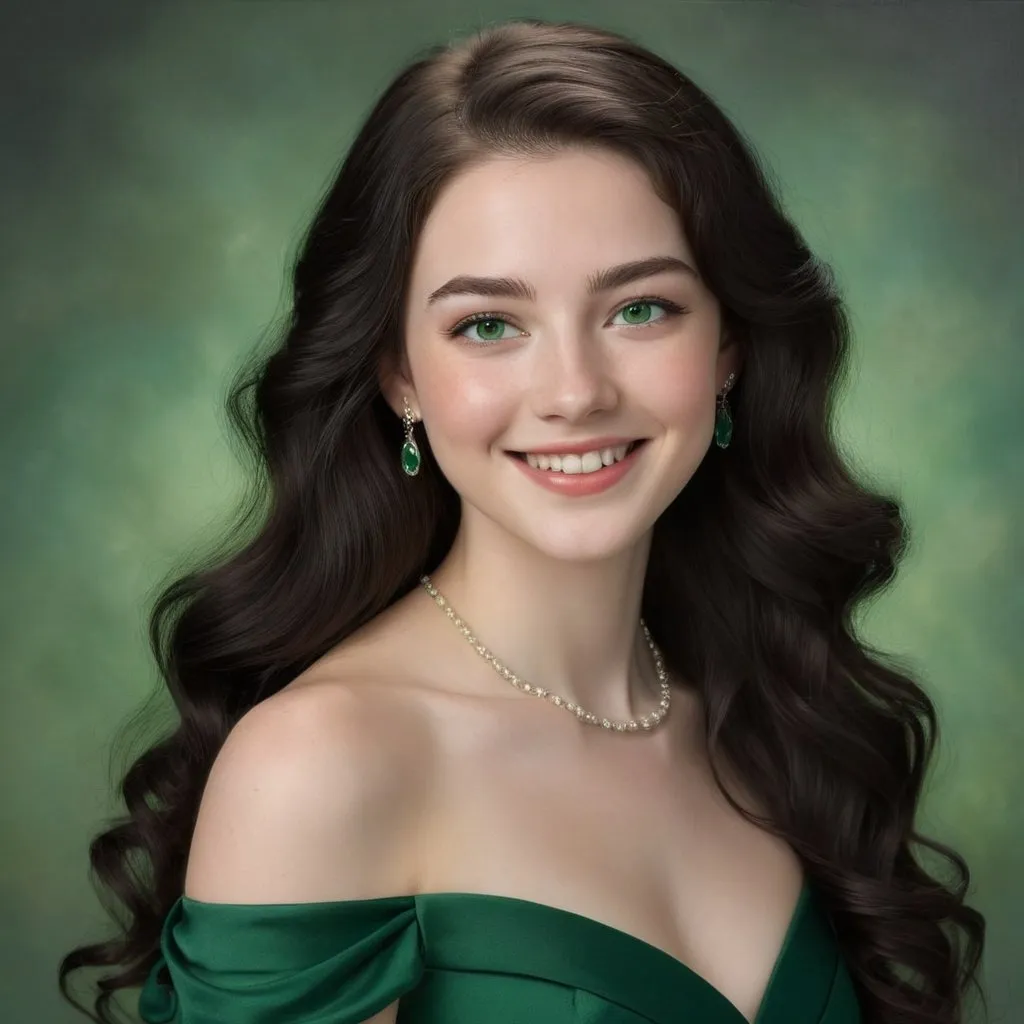 Prompt: Portrait of a young adult girl, porcelain skin, rosy cheeks, emerald green eyes, long wavy jet black hair, fancy green dress, elegant smile, high quality, detailed, realistic, elegant style, soft lighting, neutral background, detailed facial features
