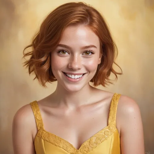 Prompt: Portrait of a young adult girl, tanned skin, rosy cheeks, brown almost yellow  eyes, short ginger hair, fancy yellow dress, big smile, high quality, detailed, realistic, elegant style, soft lighting, neutral background, detailed facial features