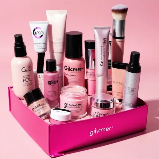 Prompt: pink box filled with makeup and skincare that say glimmer
