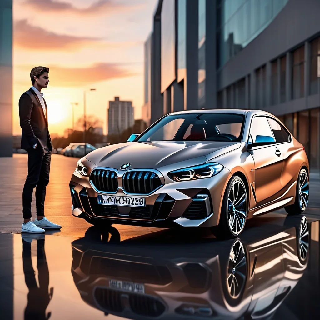 Prompt: (BMW 2024 model), sleek modern design, stylish young man admiring the car, (premium metallic colors), bright reflections, dynamic angle, urban setting, soft sunset lighting, captivating ambiance, (high attention to detail), contemporary vibe, ultra-detailed, 4K quality, appeals to car enthusiasts, trendy and chic atmosphere.