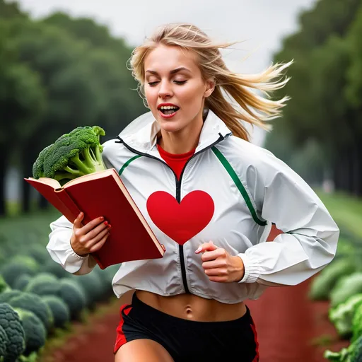 Prompt: strong blond female running with a white wind breaker with red hearts carrying a book eating broccoli
