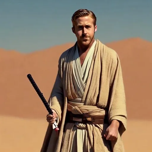 Prompt: please draw ryan gosling jedi in obi-wan kenobi clothes without lightsaber in the desert full height