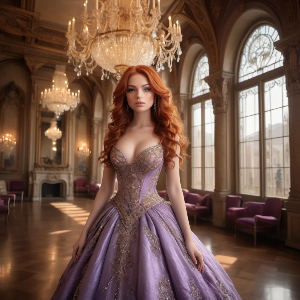 Prompt: the words incredible beauty as a woman with red hair and brown eyes, in a purple dress in a castle ballroom, with a big window in the background