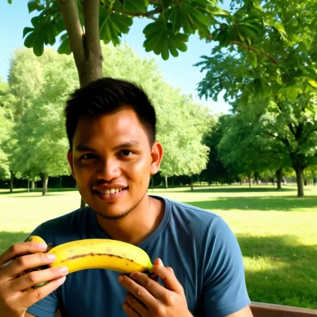 Prompt: A man eating a banana, sitting on a wooden bench in a sunny park, with a peaceful natural background of green trees and clear blue skies.

