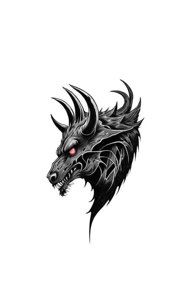 Prompt: Can you show me the beast of darkness from berserk combined with a heart shape theme for a traditional or neon traditional black tattoo