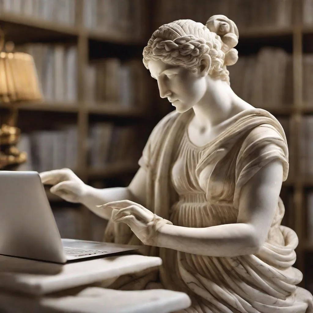 Prompt: marble sculpture woman typing on laptop in her office, bookshelves in background,  serene face.hellenistic 1st century AD,soft lighting