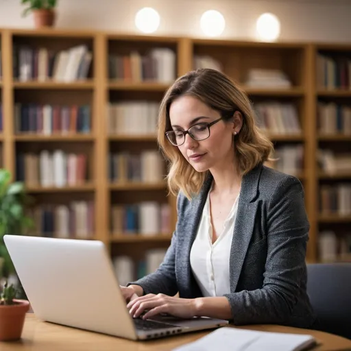 Prompt: woman typing on laptop in her office, bookshelves in background,  bokeh