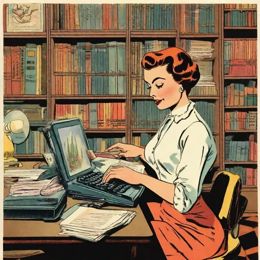 Prompt: woman typing on laptop in her office, bookshelves in background,  on the first page of magazine, 50's editorial color illustration