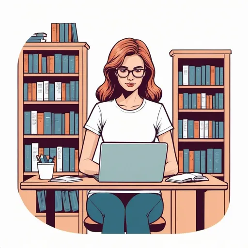 Prompt: Illustrated T-shirt design of woman typing on laptop in her office, bookshelves in background, , vector, solid white background, simple color palette