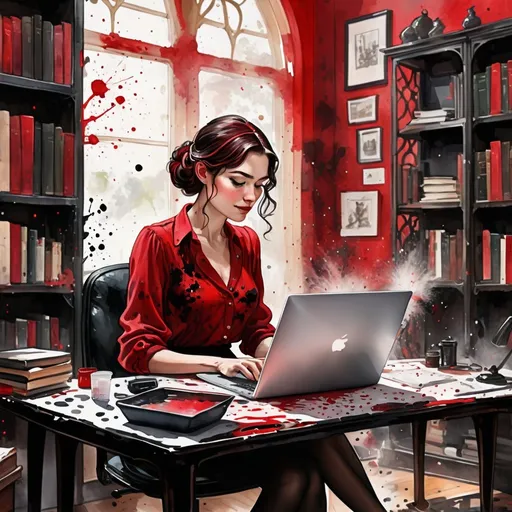 Prompt: digital watercolor painting, woman typing on laptop in her office, bookshelves in background, , paint splatter, black and red, bold brush strokes, art nouveau