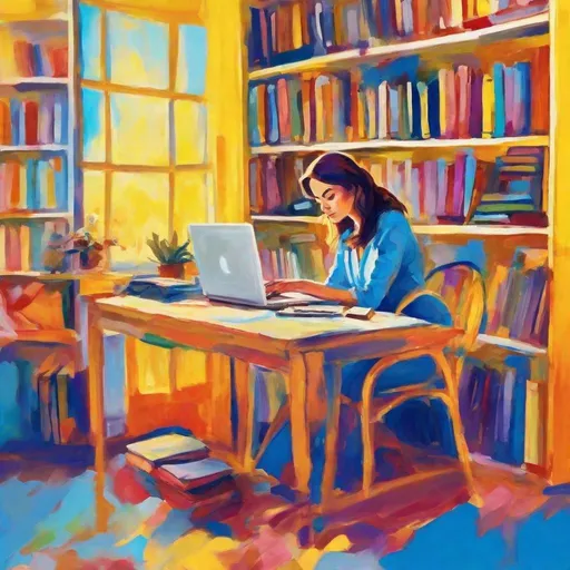 Prompt: woman typing on laptop in her office, bookshelves in background, , fauvism, bright colors expressive brushstrokes, backdrop soft yellow blue gradient
