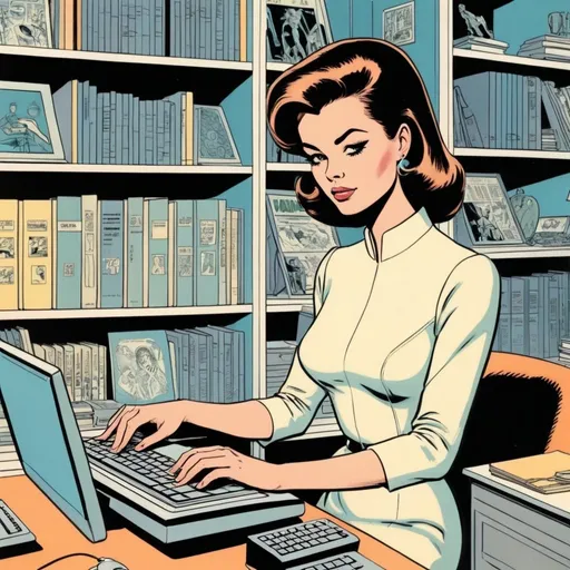 Prompt: Silk screen comic book illustration, woman typing on laptop in her office, bookshelves in background, , pale, 1960s retro futurism