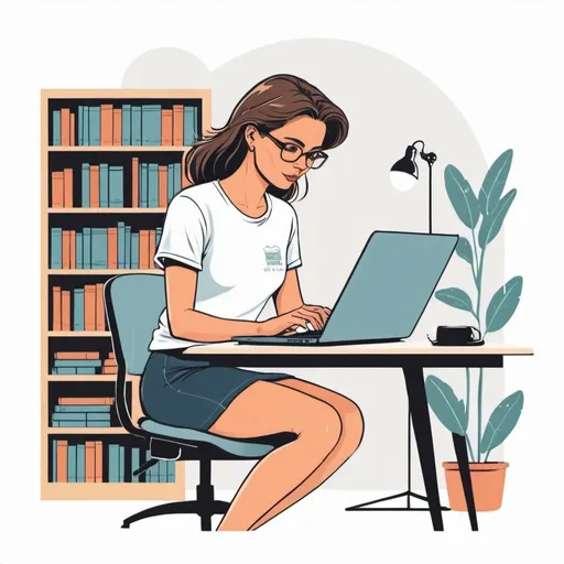 Prompt: Illustrated T-shirt design of woman typing on laptop in her office, bookshelves in background, , vector, solid white background, simple color palette