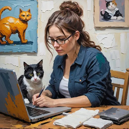 Prompt: thick impasto oil painting of a woman writing on laptop with cat next to her, thick bumpy paint strokes