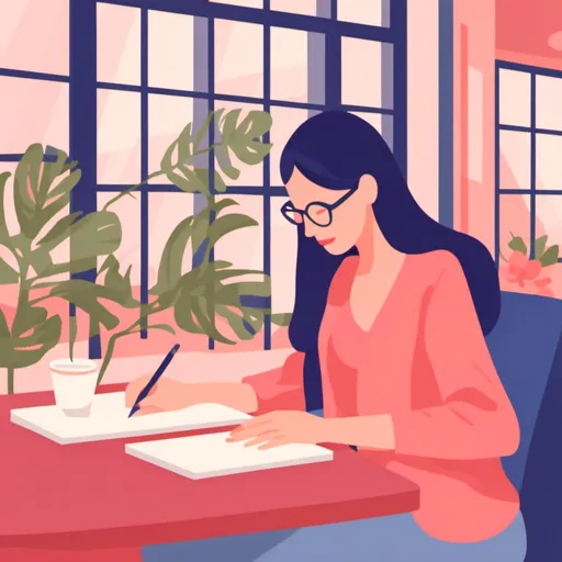 Prompt: <mymodel> woman writing on notepad in coffeeshop, flat illustration, clean background