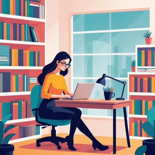 Prompt: illustrations for a book-cover,flat design,simple shapes,vector,colorful,2D,woman typing on laptop in her office, bookshelves in background, 
