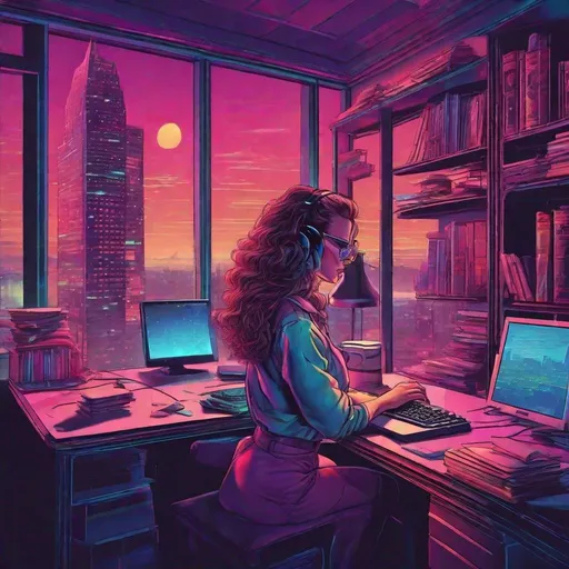 Prompt: retro 80s art, woman typing on laptop in her office, bookshelves in background, , retro art, synthwave, city view in the background, highly detailed