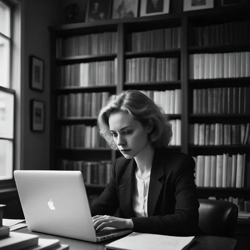 Prompt: Photo of woman typing on laptop in her office, bookshelves in background, dramatic in the style of Dirk Braeckman, B&W