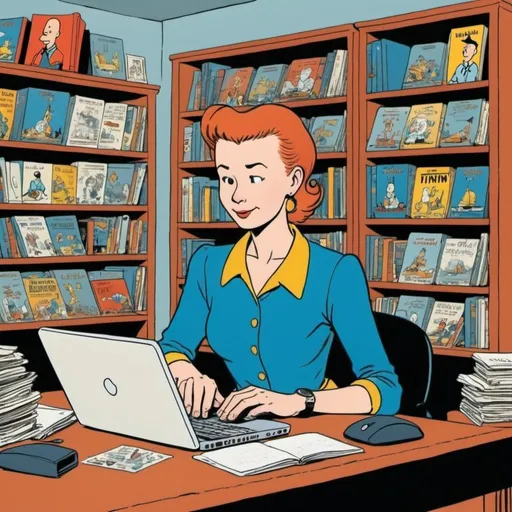 Prompt: woman typing on laptop in her office, bookshelves in background, in the style of Tintin by Herg�