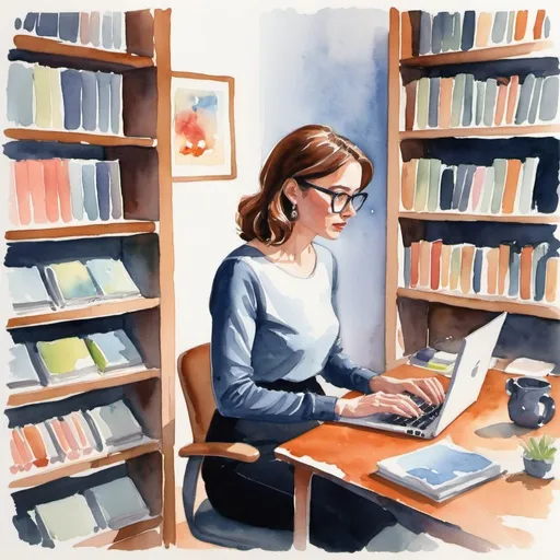 Prompt: woman typing on laptop in her office, bookshelves in background, , gouache watercolor