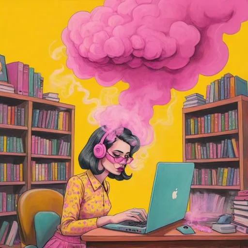 Prompt: Pop art, woman typing on laptop in her office, bookshelves in background, , pink smoke coming out of her head, a yellow background