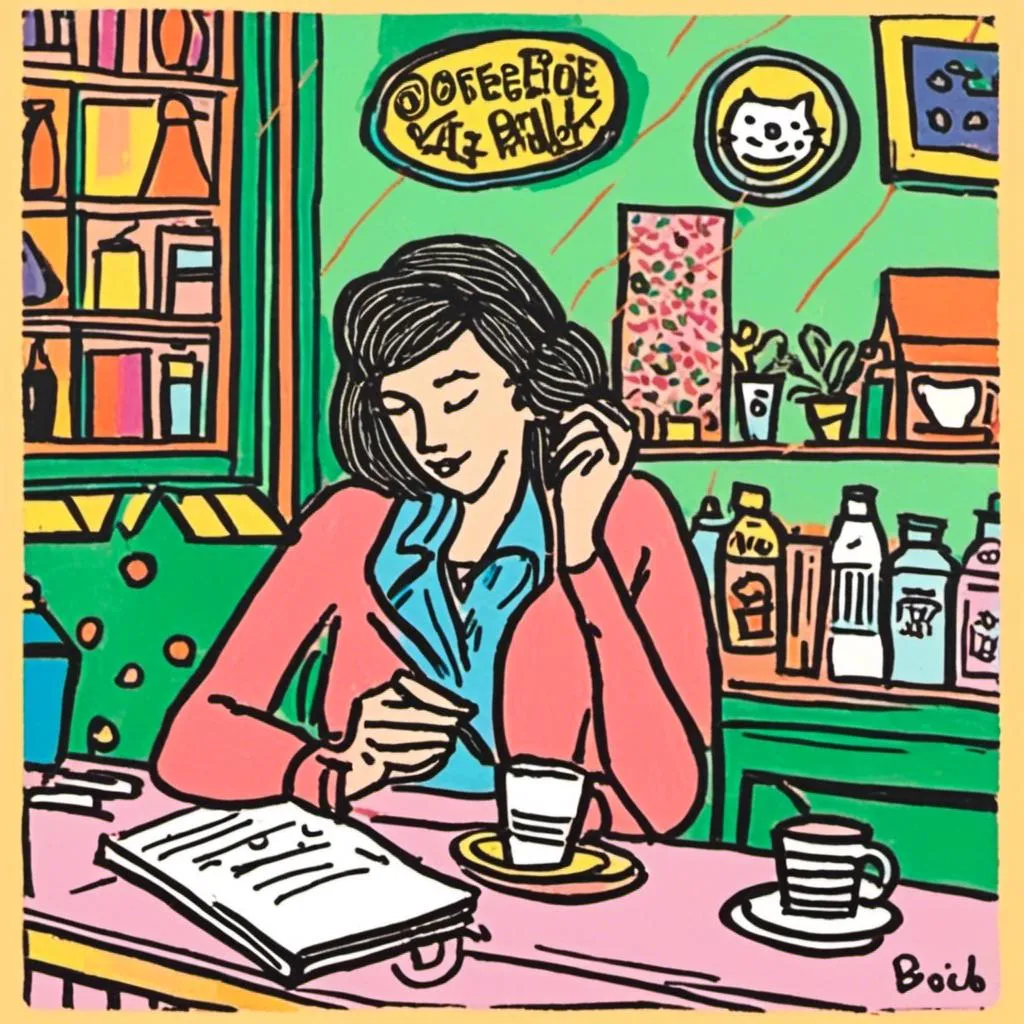 Prompt: woman writing on notepad in coffeeshop<mymodel>