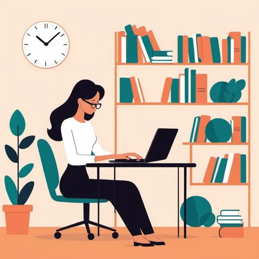 Prompt: Flat illustration woman typing on laptop in her office, bookshelves in background, simple forms, simple shapes, vector, minimalism